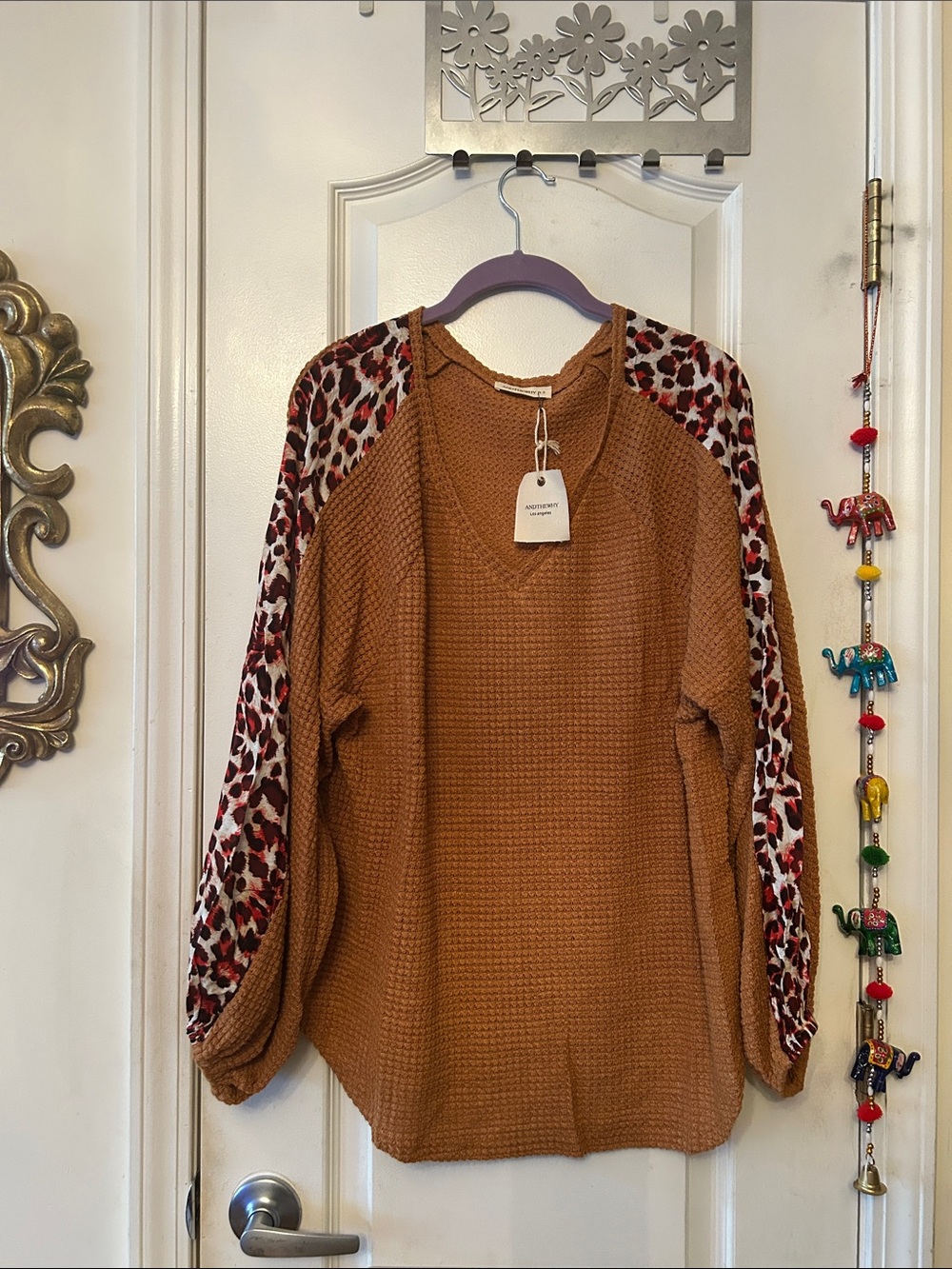 Camel Waffle Knit Top with Rayon Leopard Print Sleeve Panels